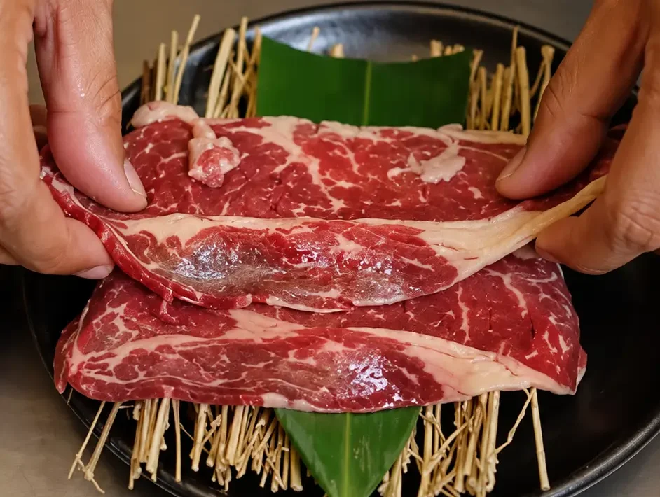 Japanese restaurant Ubud serving marbled beef prepared for Japanese barbecue